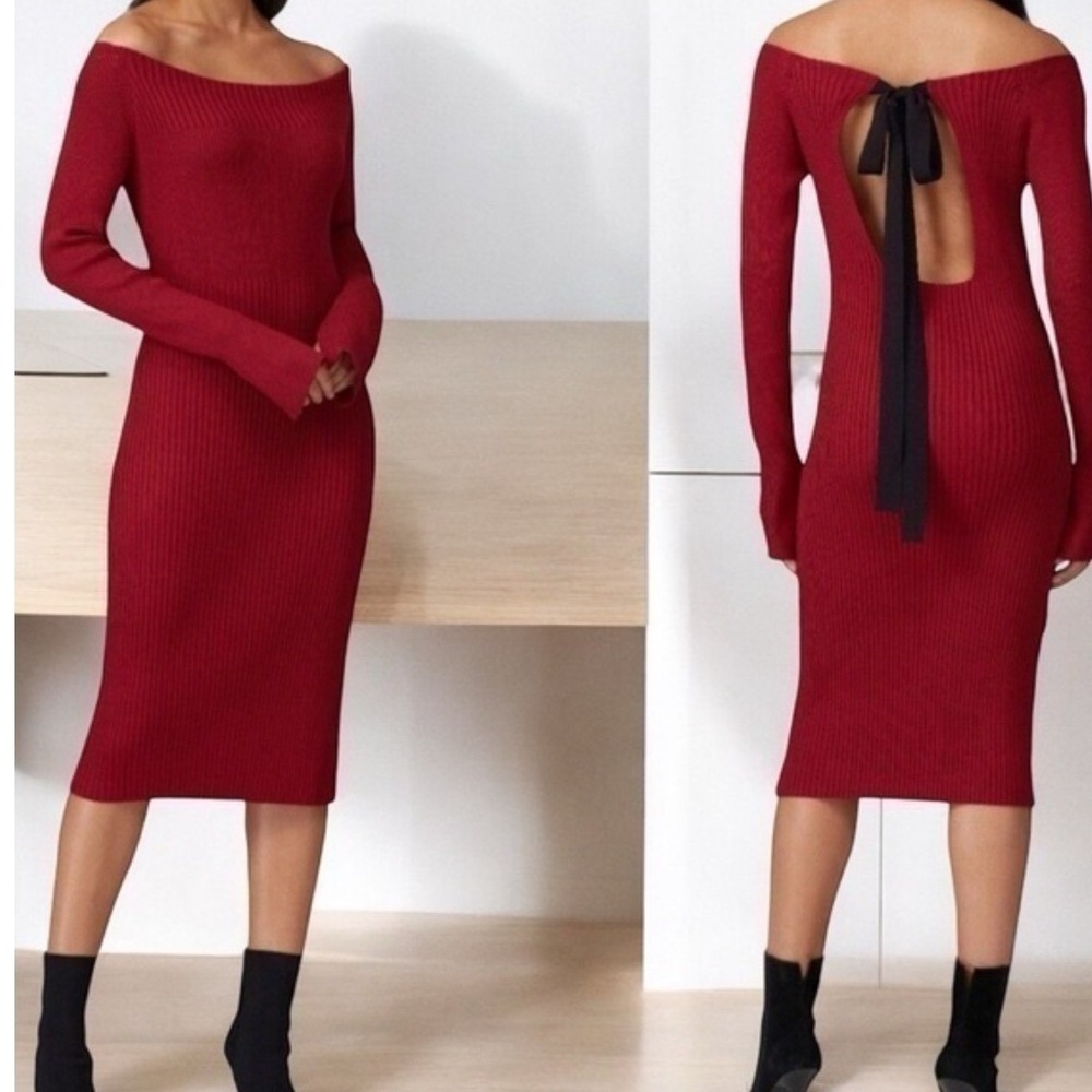 Jason Wu Collective Maroon Ribbed Off Shoulder Open Back Tie Sweater Dress L (F)